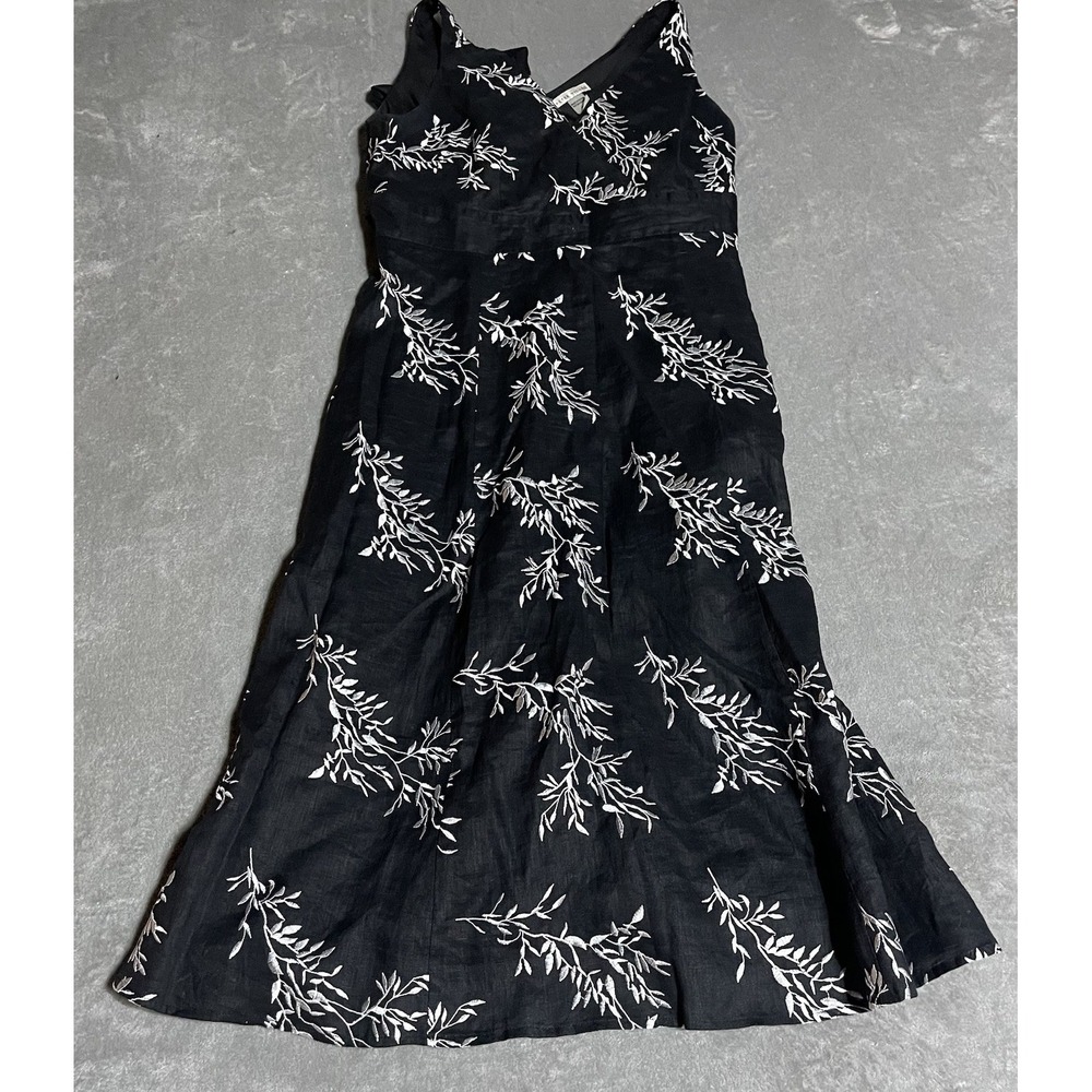 Peter Nygard Dress Womens 12 Black Floral Leaf Sleeveless Linen‎ V Neck